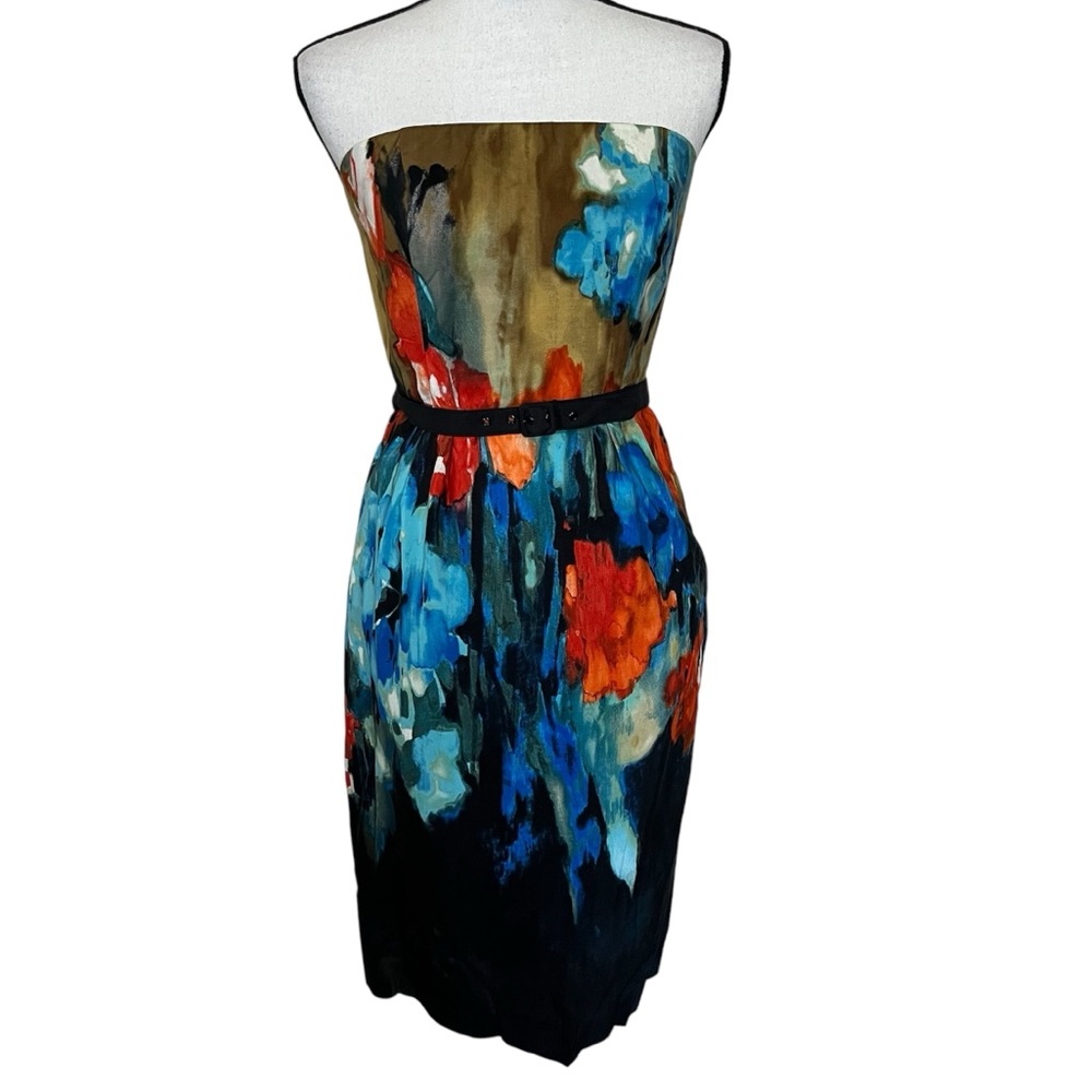 Anthropologie Strapless Floral Watercolor Dress in Blue, Orange, Black